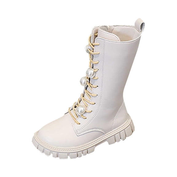 Ugoldhm Girls Mid Calf Winter Booties - Lace Up Non-Slip Pearl Decor Outdoor Boots, Goth Punk Style