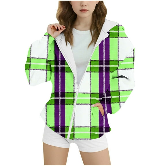 Ugoldhm Girls Plaid Coats Zip Up Hooded Sweatshirts Loose Fit Comfy Casual Jacket Sizes 4-15 Years