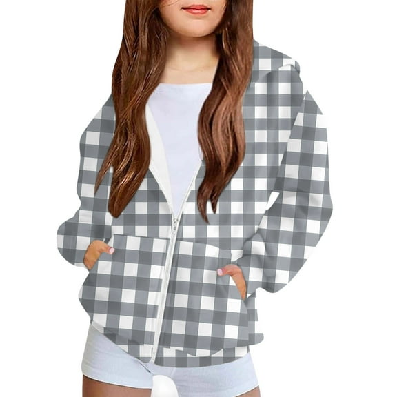 Ugoldhm Girls Plaid Sherpa Jacket, Full Zip Fleece Lined Hoodie, Cozy Oversized Fit for Fall & Winter