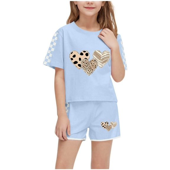 Ugoldhm Girls Plaid Short Sleeve T-Shirt Shorts Set Crew Neck Summer Relaxed Outfit Sets Size 5-14