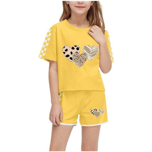 Ugoldhm Girls Plaid Short Sleeve T-Shirt Shorts Set Relaxed Summer Crew Neck Outfit Sets Size 5-14
