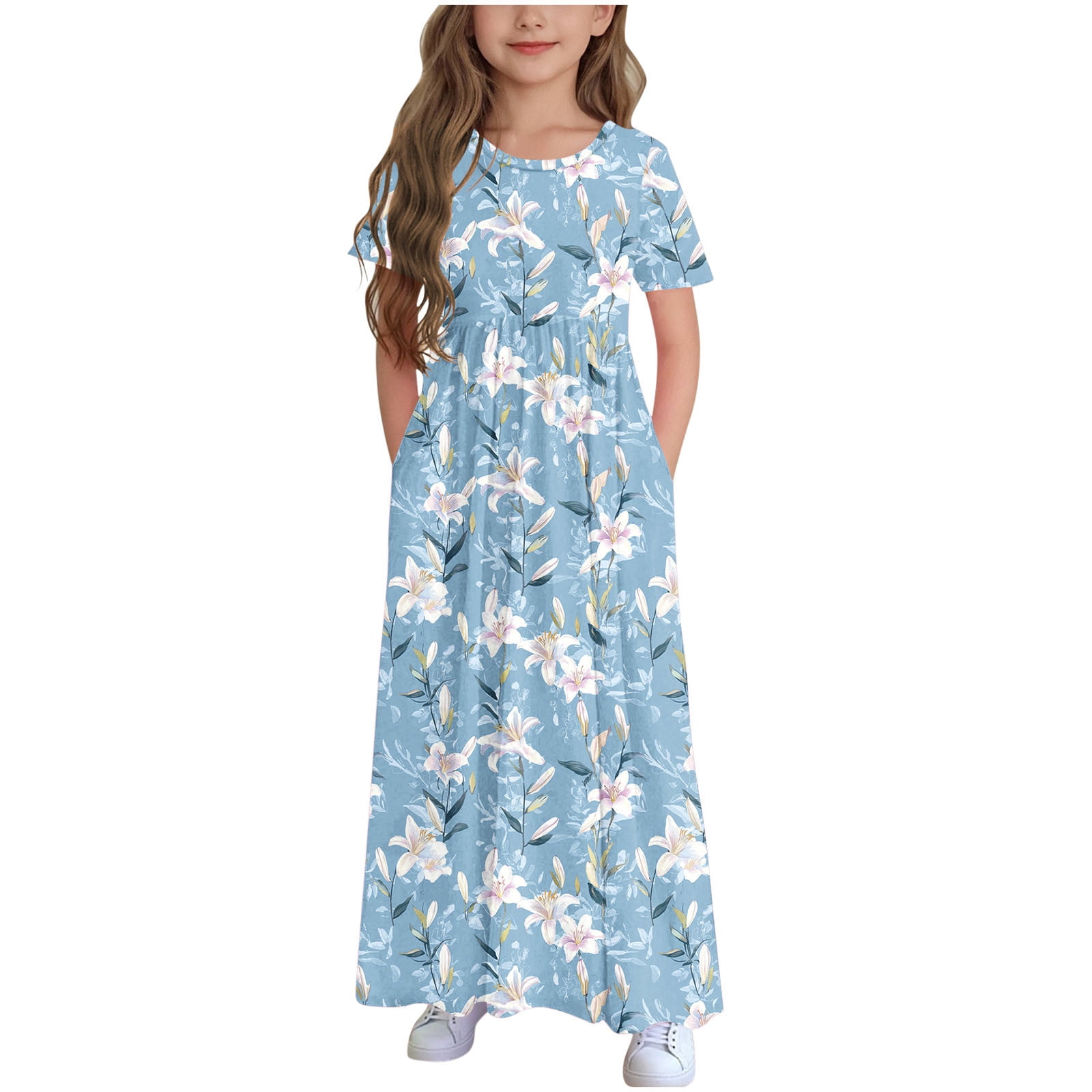 Ugoldhm Girls Pleated Solid Color Long Dress with Pockets - Short Sleeve  Summer Beach Dresses, Size 4-14 - Walmart.com