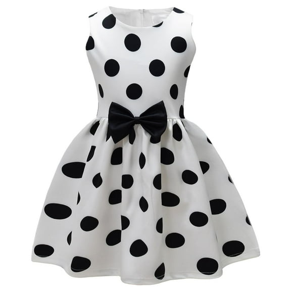 Ugoldhm Girls' Polka Dots Sleeveless A-Line Summer Dress - Bow Pleated Crew Neck Casual Sundress, 2-13Y