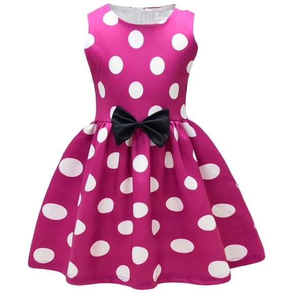 Ugoldhm Girls' Polka Dots Sleeveless A-Line Summer Dress - Bow Pleated Crew Neck Casual Sundress, 2-13Y