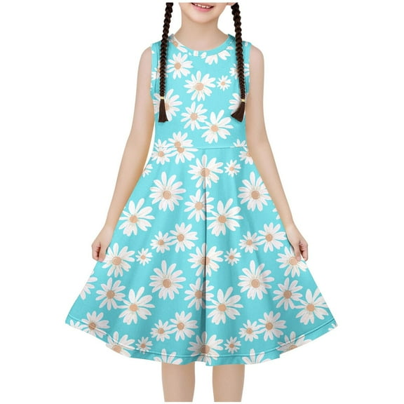 Ugoldhm Girls Casual Dresses Sleeveless Boho Dress Breathable Cute Print A-Line Dress Summer Outfits Size 4-14