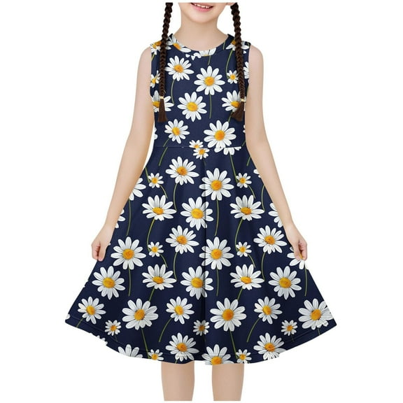 Ugoldhm Girls Casual Dresses Sleeveless Cute Print Breathable Boho Dress A-Line Dress Summer Outfits Size 4-14