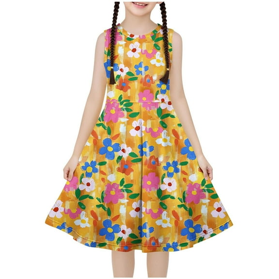 Ugoldhm Girls Casual Dresses Sleeveless Boho Dress Cute Print Breathable A-Line Dress Summer Outfits Size 4-14