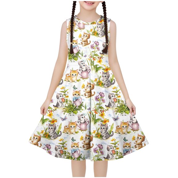 Ugoldhm Girls Casual Dresses Cute Print Breathable Boho Dress Sleeveless A-Line Dress Summer Outfits Size 4-14