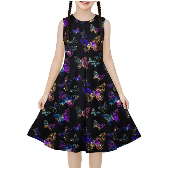 Ugoldhm Girls Casual Ruffle Dress Sleeveless Cute Print Boho Dress Fit & Flare Dress Summer Outfits Size 4-14