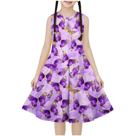 Ugoldhm Girls Casual Ruffle Dress Boho Dress Sleeveless Cute Print Fit & Flare Dress Summer Outfits Size 4-14