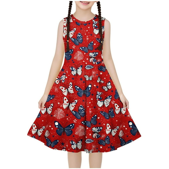 Ugoldhm Girls Casual Ruffle Dress Sleeveless Boho Dress Cute Print Fit & Flare Dress Summer Outfits Size 4-14