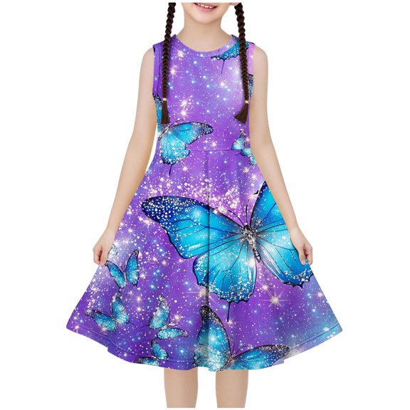 Ugoldhm Girls Casual Ruffle Dress Boho Dress Cute Print Sleeveless Fit & Flare Dress Summer Outfits Size 4-14