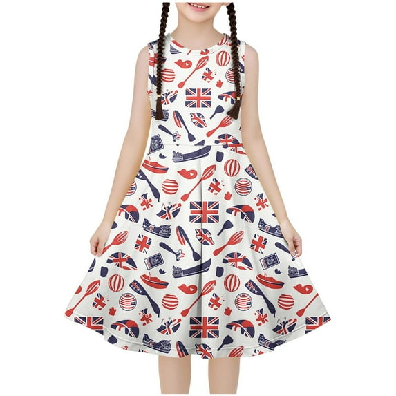 Ugoldhm Girls Casual Ruffle Dress Sleeveless Boho Dress Cute Print Fit & Flare Dress Summer Outfits Size 4-14