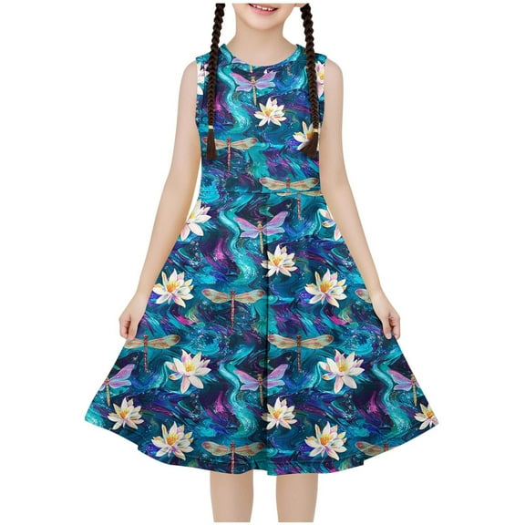 Ugoldhm Girls Casual Ruffle Dress Cute Print Sleeveless Boho Dress Fit & Flare Dress Summer Outfits Size 4-14