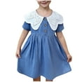 thumbnail image 1 of Ugoldhm Girls Denim Dresses Solid Color Lapel Short Sleeve Cute Sundress Summer Clothes 3-10 Years, 1 of 5