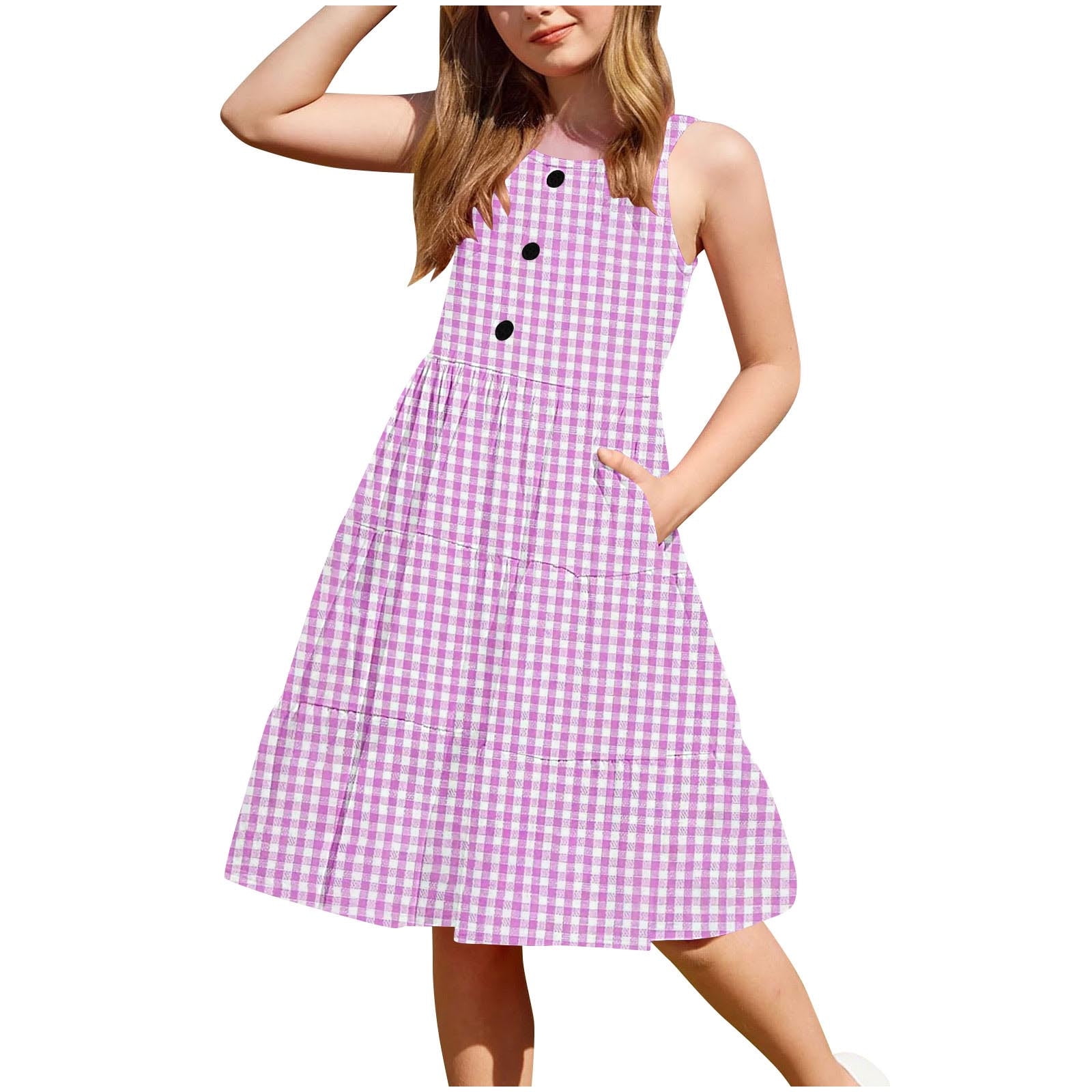 Ugoldhm Girls Summmer Dresses Tiered Breathable Casual Sleeveless Pocket  Button Sundress Size 2-12 - Walmart.com