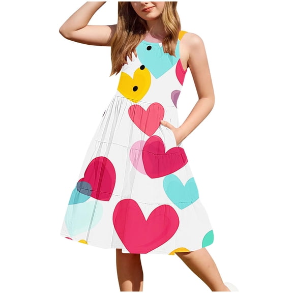 Ugoldhm Girls Flowy Dresses Sleeveless Boho Dress Pocket Button Tiered Sundress Summer Outfits Size 2-12