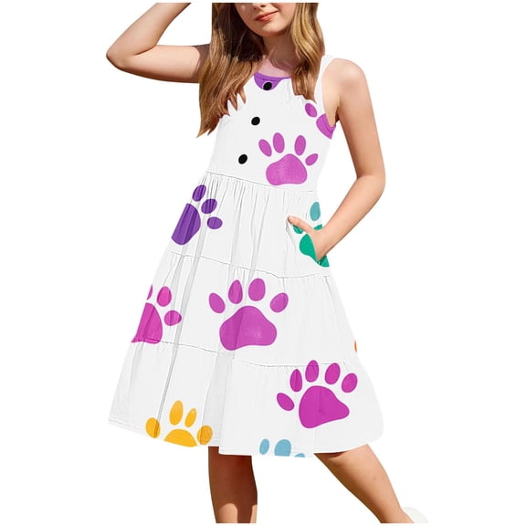 Ugoldhm Girls Flowy Dresses Sleeveless Boho Dress Tiered Button Pocket Sundress Summer Outfits Size 2-12