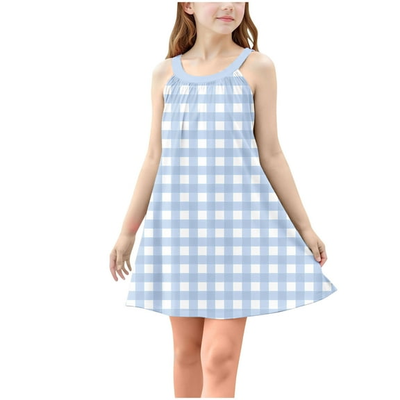 Ugoldhm Sleeveless Dresses for Girls Cute Casual Plaid Print Slip Dress Summer Clothes Size 4-15