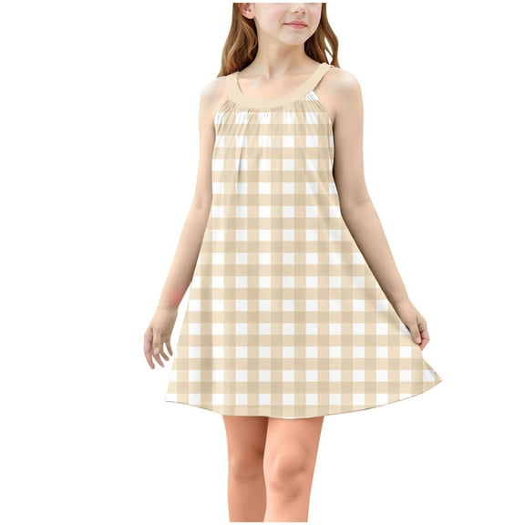Ugoldhm Sleeveless Dresses for Girls Casual Cute Plaid Print Slip Dress Summer Clothes Size 4-15