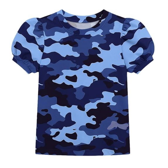 Ugoldhm Girls' Printed Bubble-Sleeve Short-Sleeve T-Shirt, Round-Neck Loose-Fit Cropped Top, Cute Summer Kids' Clothing