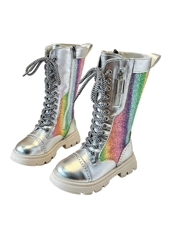 Girls Rainbow Sequin Boots Lace Up Size Zipper Winter Shoes Knee High Soft Warm Comfy Boots