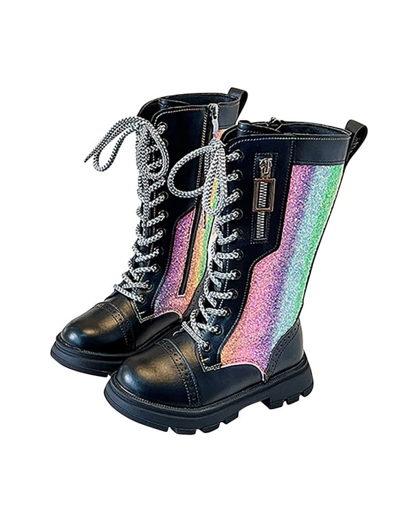 Girls Rainbow Sequin Boots Lace Up Size Zipper Winter Shoes Knee High Soft Warm Comfy Boots