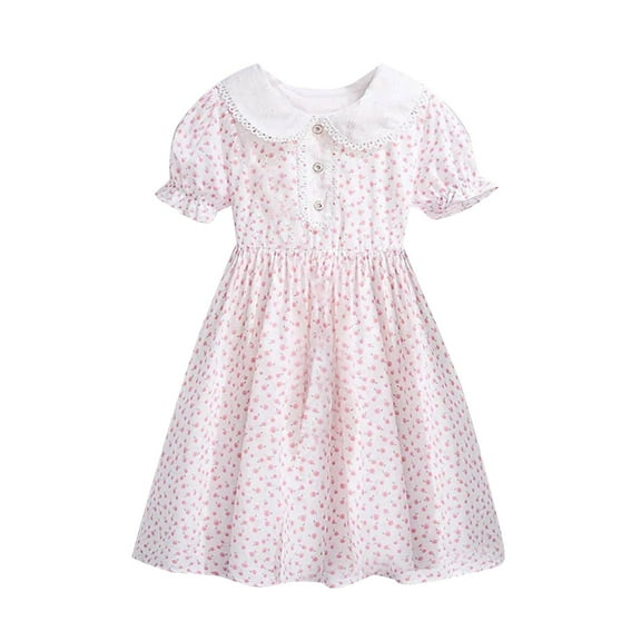 Ugoldhm Girls' Retro Floral Print Pleated Dress Short Sleeve, Summer Casual, Collared Princess Style Sizes 4-17