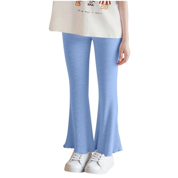 Ugoldhm Girls Ribbed Knit Flare Leggings, Elastic Waist Ruffle Hem Stretch Pants, 2-8 Years