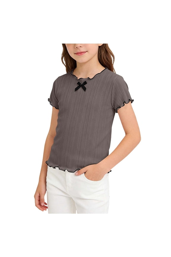 Girls' Ribbed Knit Ruffle Edge Short Sleeve T-Shirt Contrast Trim Crew Neck Bow Detail Slim Fit Casual Tee for Summer