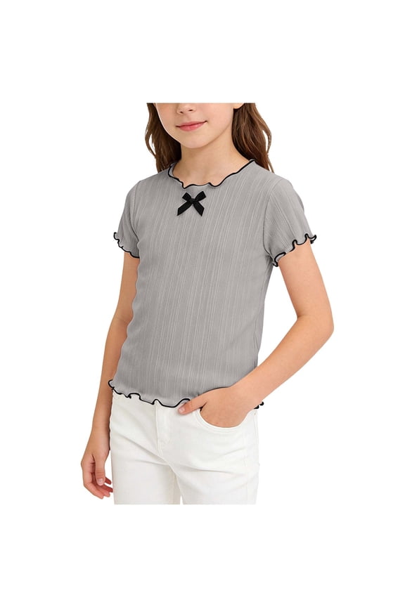 Girls' Ribbed Knit Ruffle Edge Short Sleeve T-Shirt Contrast Trim Crew Neck Bow Detail Slim Fit Casual Tee for Summer