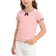 thumbnail image 1 of Ugoldhm Girls' Ribbed Knit Ruffle Edge Short Sleeve T-Shirt Contrast Trim Crew Neck Bow Detail Slim Fit Casual Tee for Summer, 1 of 7