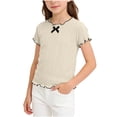 thumbnail image 1 of Ugoldhm Girls' Ribbed Knit Ruffle Edge Short Sleeve T-Shirt Contrast Trim Crew Neck Bow Detail Slim Fit Casual Tee for Summer, 1 of 7