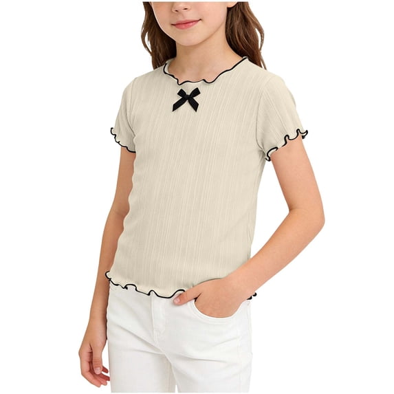 Ugoldhm Girls' Ribbed Knit Ruffle Edge Short Sleeve T-Shirt Contrast Trim Crew Neck Bow Detail Slim Fit Casual Tee for Summer