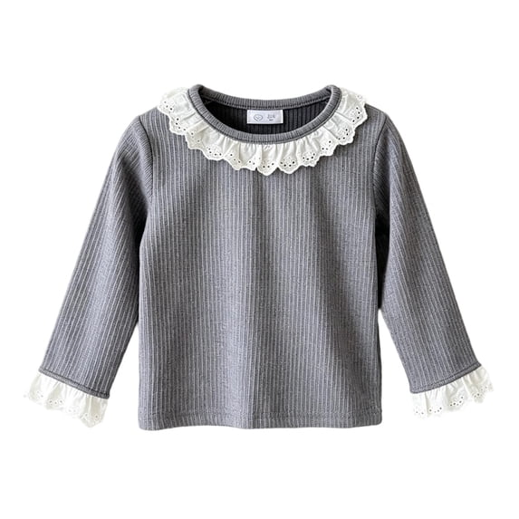 Ugoldhm Girls Ribbed Long Sleeve Top, Lace Ruffle Collar & Cuff Casual Basic Pullover Tee for Kids