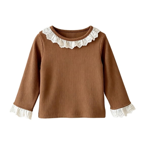 Ugoldhm Girls Ribbed Long Sleeve Top, Lace Ruffle Collar & Cuff Casual Basic Pullover Tee for Kids