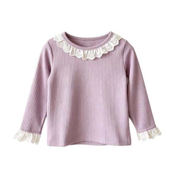 Ugoldhm Girls Ribbed Long Sleeve Top, Lace Ruffle Collar & Cuff Casual Basic Pullover Tee for Kids