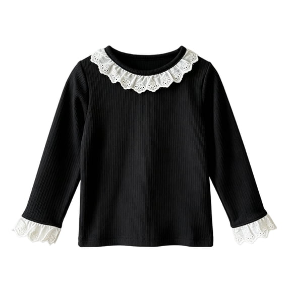 Ugoldhm Girls Ribbed Long Sleeve Top, Lace Ruffle Collar & Cuff Casual Basic Pullover Tee for Kids