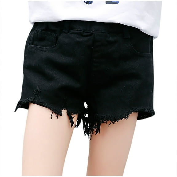 Ugoldhm Girls' Ripped Denim Shorts (8-16Y) Elastic Waist & Pocket Detail Summer Cotton Everyday Shorts