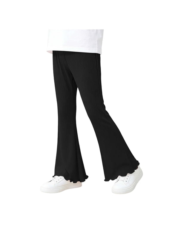 Girls' Ruffle Hem Flared Leggings - Elastic Waist Ribbed Bell Bottom Pants 0-12 Years