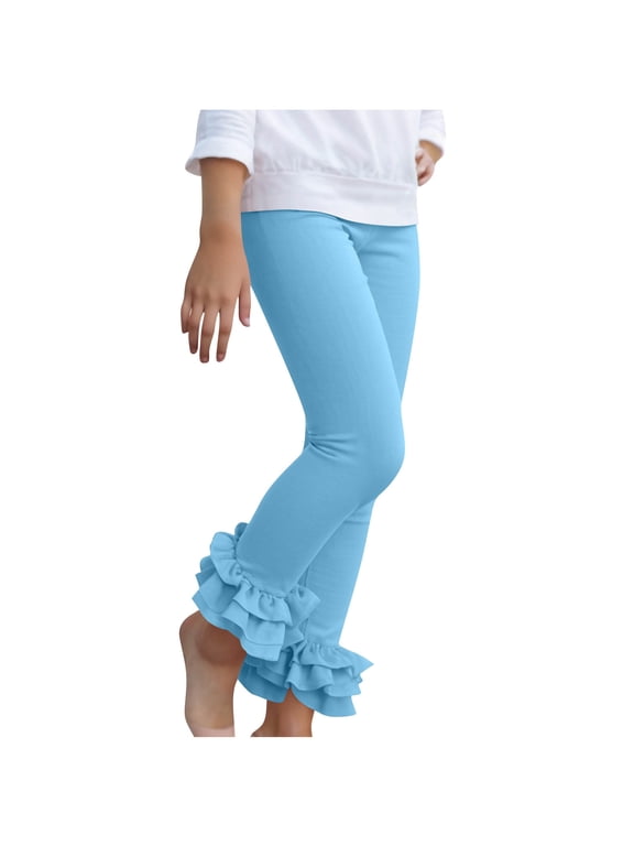 Girls' Ruffle Hem Leggings High Waist Stretch Flared Pants with Double Layer Ruffles for Ages 3-12