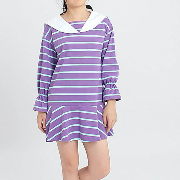 Ugoldhm Girls School Uniform Dress 5-13Y Collared Striped Long Sleeve Cotton Fall Dress for Kids