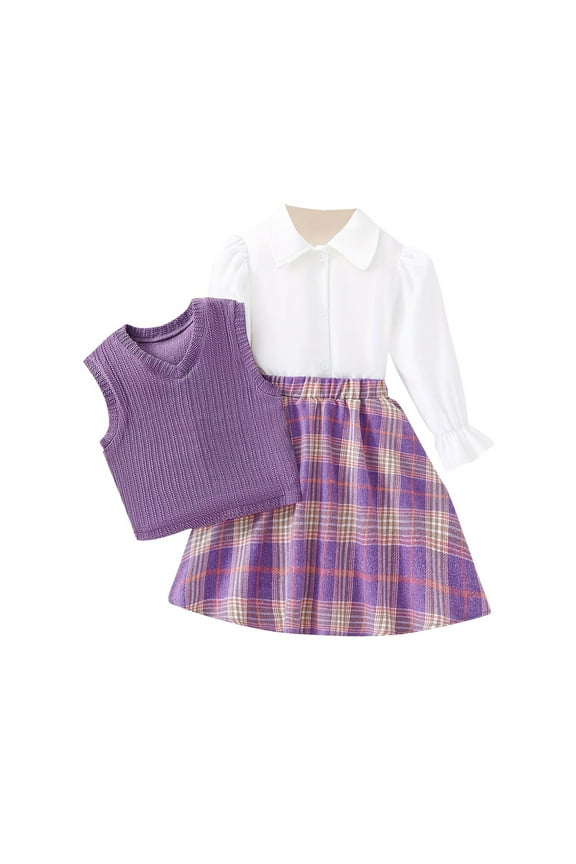 Girls School Uniform Set Sweater Tank Top, Button Down Shirt and Plaid Skirt Fall Cute Outfit Set