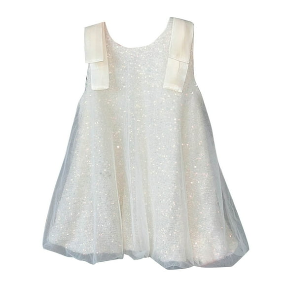 Ugoldhm Girls' Sequin Mesh Sundress - Solid Color Sleeveless Crew Neck, Summer Casual & Sparkly, 2-13Y