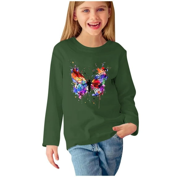 Ugoldhm Girls Shirts Casual Round Neck Long Sleeve Butterfly Printed Tops Fall Tunic Tees