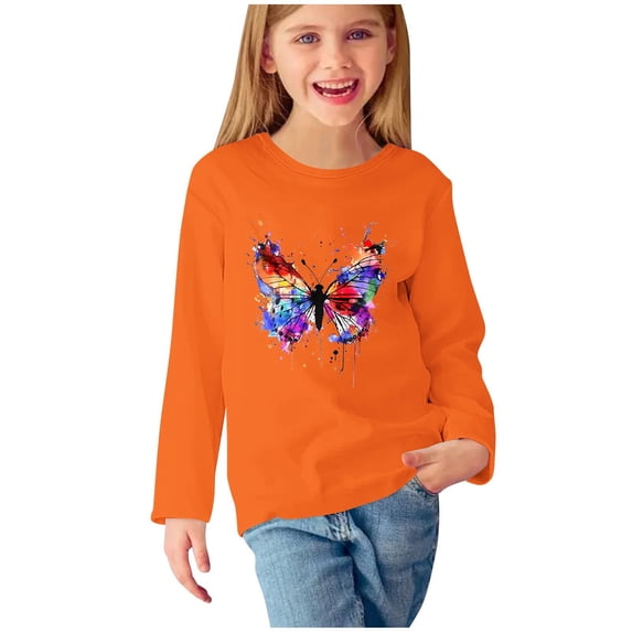 Ugoldhm Girls Shirts Casual Round Neck Long Sleeve Butterfly Printed Tops Fall Tunic Tees