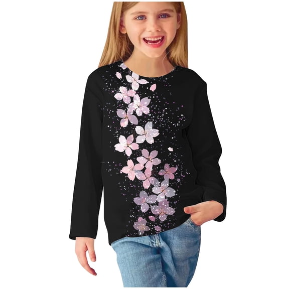 Ugoldhm Girls Shirts Long Sleeves Colorful Leaf Printed Tops Round Neck Fall Kids Casual Tees