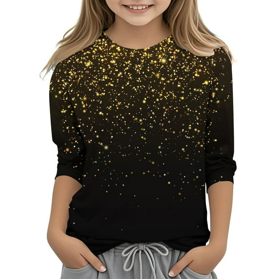 Ugoldhm Girls Shirts Printed Crewneck 3/4 Sleeves Fashion Tops Fall Spring Casual Undershirts