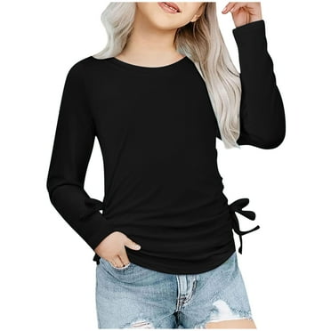 Ugoldhm Girls Shirts Round Neck Long Sleeve Solid Color Fashion Tops Tees 3-14 Years Girl Clothing