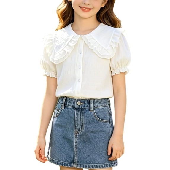 Ugoldhm Girls' Short Sleeve Collared Shirt with Puff Sleeves, Ruffled Cuffs Lace Trim Top Front Button-Down Blouse